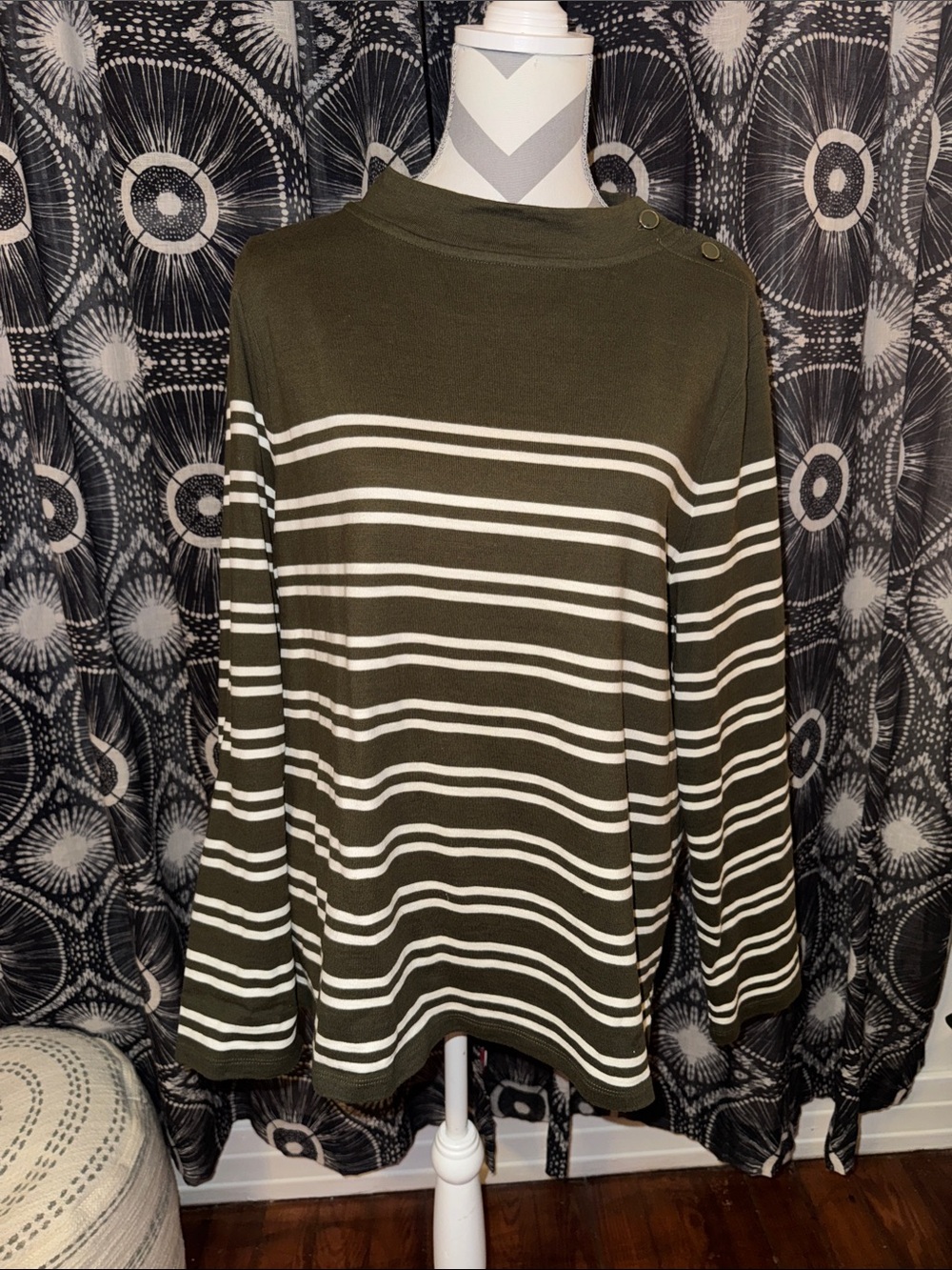 Talbots Olive Green Striped Knit Top with Button Shoulder Size XL